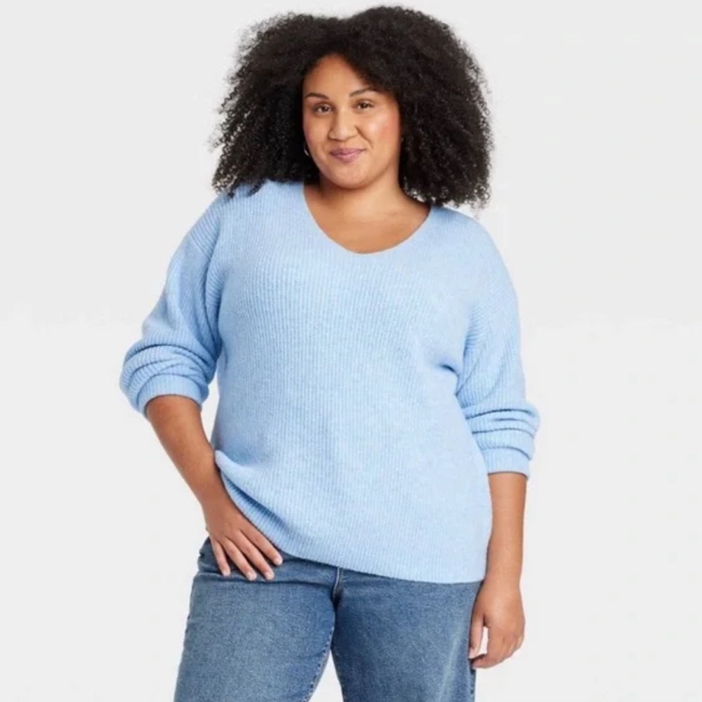 Women's Plus Size Cozy Knit V-Neck Pullover Sweater - Ava & Viv Blue 2X F31